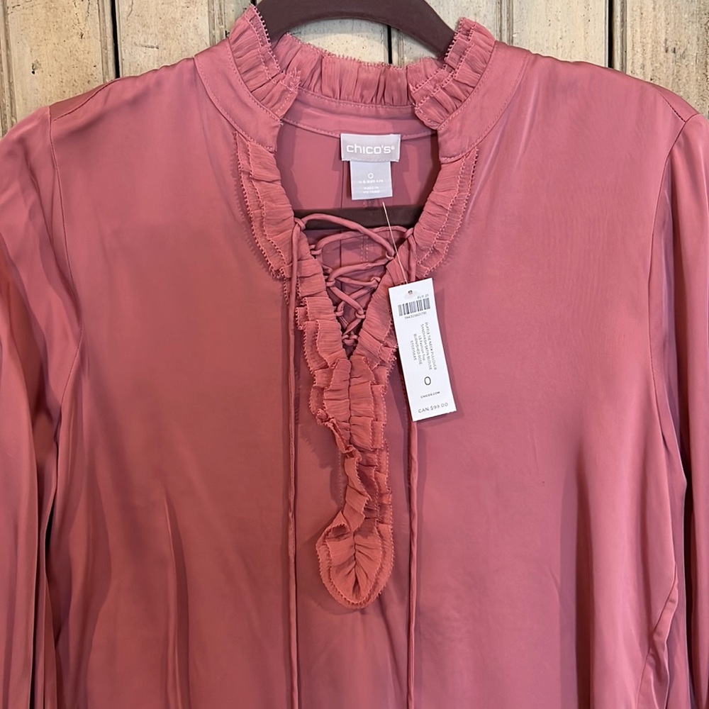 Chicos Ruffle Tie Neck Pullover - Picture 2 of 5
